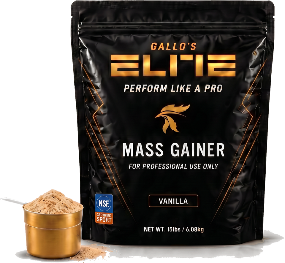 Gallo's Elite Mass Gainer — Vanilla, with scoop